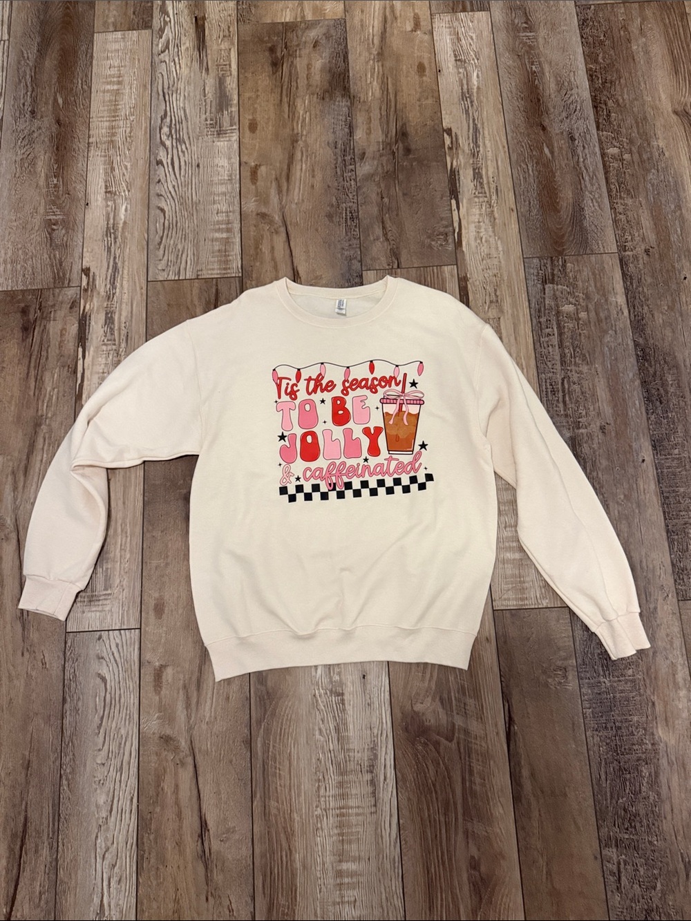 Jerzees Cream Graphic Sweatshirt with Pink & Red Holiday Print